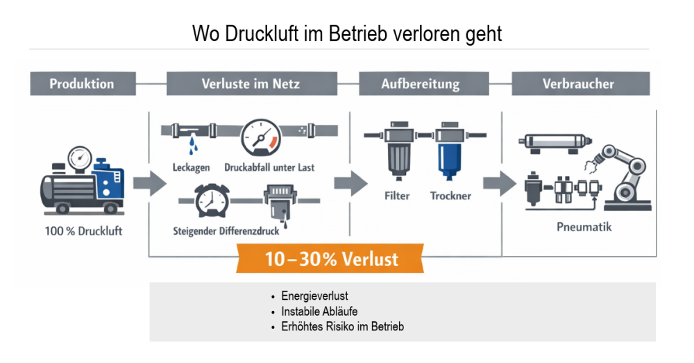 Infografik zur Druckluftanlage: zeigt typische Verluststellen wie Leckagen, Druckabfall unter Last und steigenden Differenzdruck mit einem möglichen Energieverlust von 10–30 %.